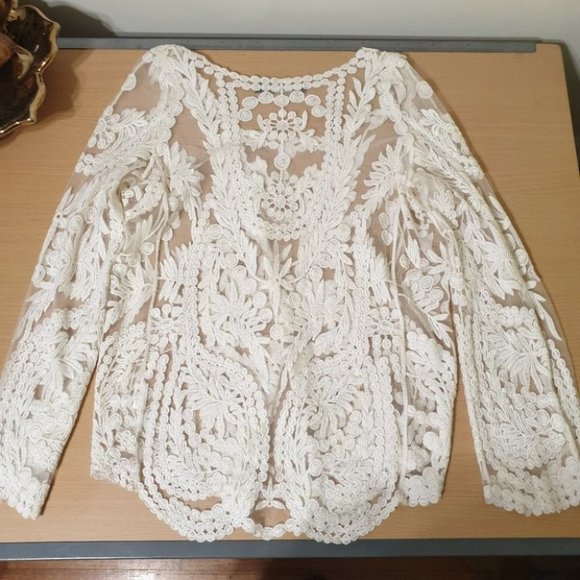 Origami by vivien AU-S White Lace Long-sleeve Blouse Top - Picture 7 of 8